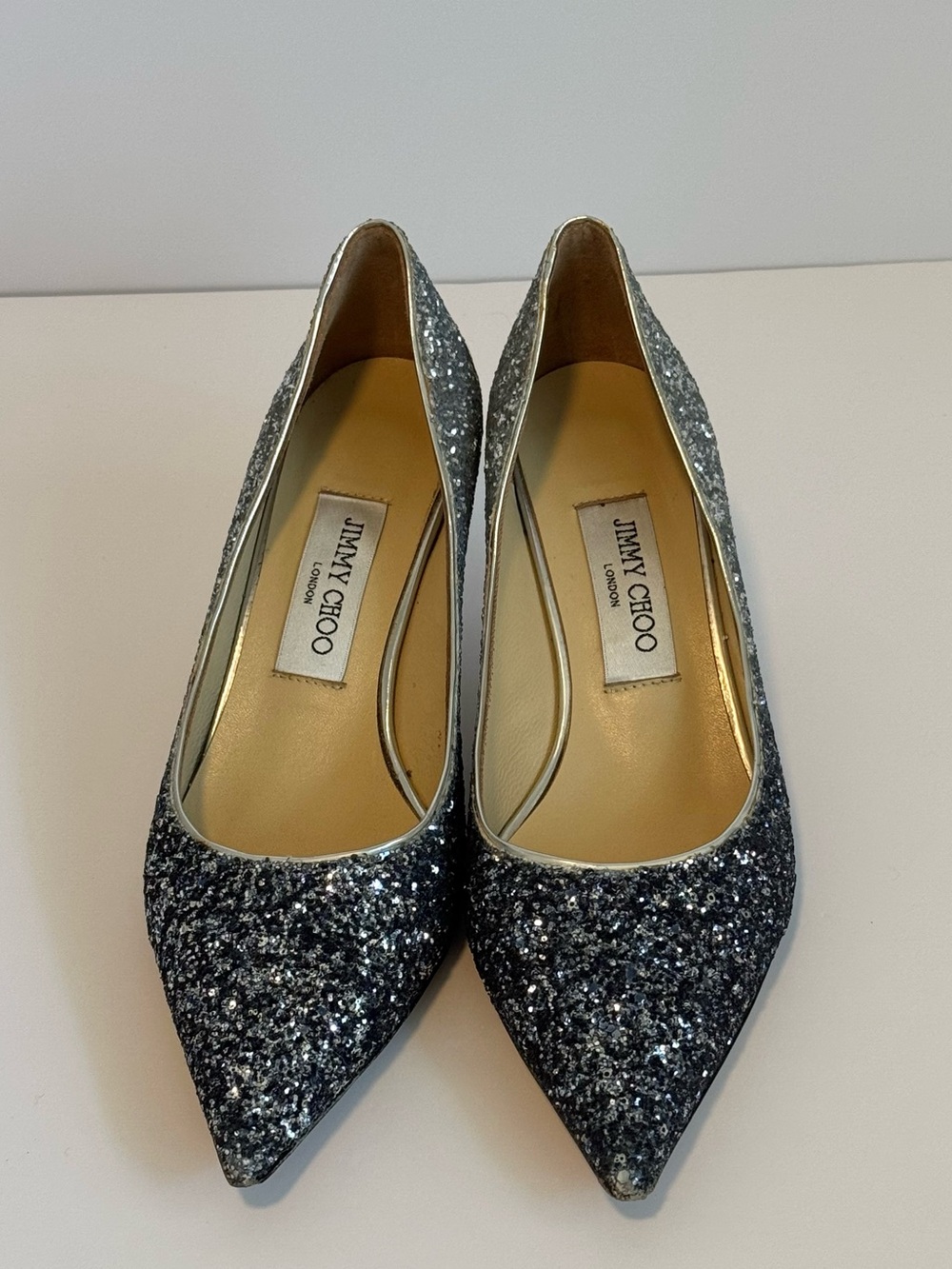 Jimmy Choo Silver Glitter Pointed Toe Kitten Heel Pumps EU 38 US 8 Made in Italy - Picture 5 of 12
